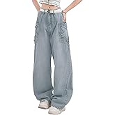 Womens Baggy Y2k Jeans Star Patch Denim Pants Big Pocket Cargo Jeans Vintage High Waist Jeans