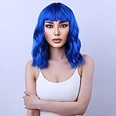 WTHCOS Blue Wig Short Curly Wig with Bangs Dark Blue Wig for Women Short Wave Wig Synthetic Wigs for Cosplay Costume Party with Wig Cap