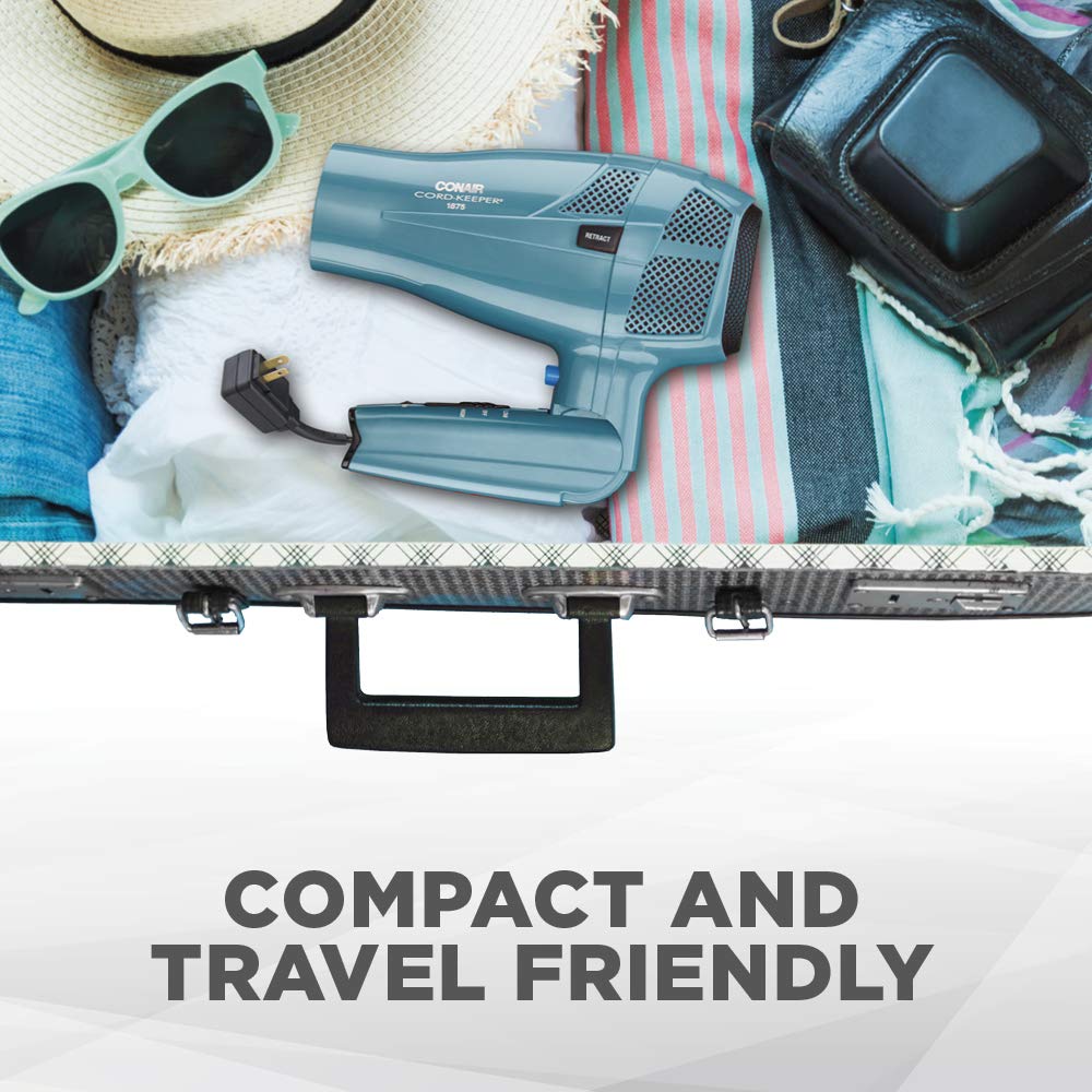 Conair 1875 Watt Cord Keeper Hair Dryer with Folding Handle and Retractable Cord, Travel Hair Dryer, Teal: Beauty