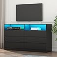 Loomie 6 Drawer Dresser for Bedroom, Wide Chest of Drawers with Charging Station and LED Lights, Traditional Bedroom Furniture, Modern Storage Dresser TV Stand for Living Room (Black)