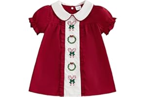 MOTLAPOL Toddler Baby Girl Christmas Outfit Santa Claus/Reindeer/Tree Embroidery Plaid Short Sleeve Smocked Dress Winter Holiday Dress