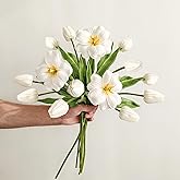 White Tulips Artificial Flowers 15 Pcs Fake Faux Tulips Real Touch Tulip Flowers with Stems Easter Spring Flowers for Arrangements Bouquet Wedding Mother's Day Home Centerpieces Table Decor