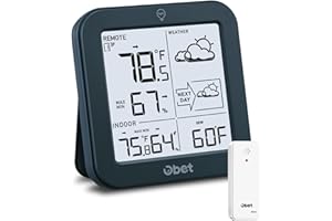 OBET Indoor Outdoor Thermometer Wireless Weather Station, Battery Powered Inside Outside Thermometers Remote Temperature Humidity Monitor with Backlight and Dew-point for Office Bedroom Greenhouse (500 Ft)
