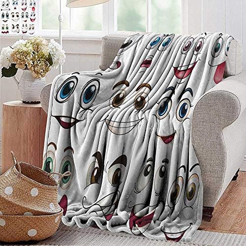 PearlRolan Summer Blanket，Cartoon Decor,Smiley Face Emoji Cartoon Hand Drawing Image with Positive Face Expressions,Multicolor,300GSM, Super Soft and Warm, Durable 70"x90"
