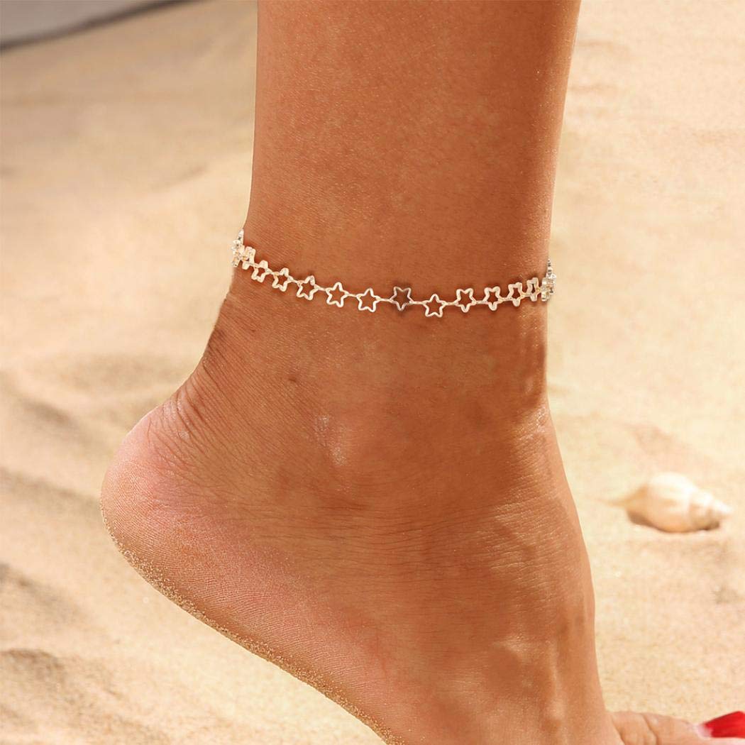 Yienate Beach Anklets Simple Alloy Hollow Five-Pointed Star Anklet Foot Jewelry for Women and Girls (Gold)