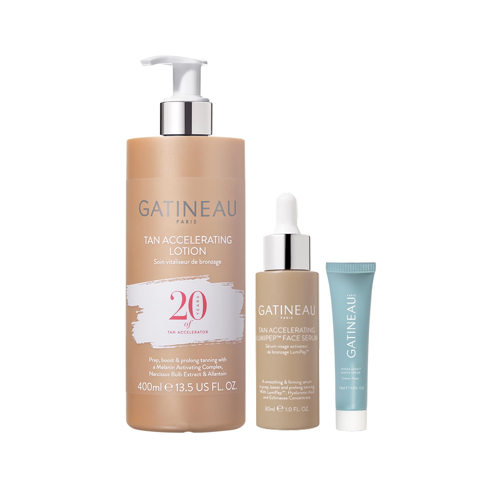 GATINEAU Tan Accelerating Lotion, Lumipep Face Serum & Hydra Aura Water Cream - Hydrating Trio for Face & Body, Preps, Enhances & Prolongs Natural Tan While Smoothing & Plumping Skin
