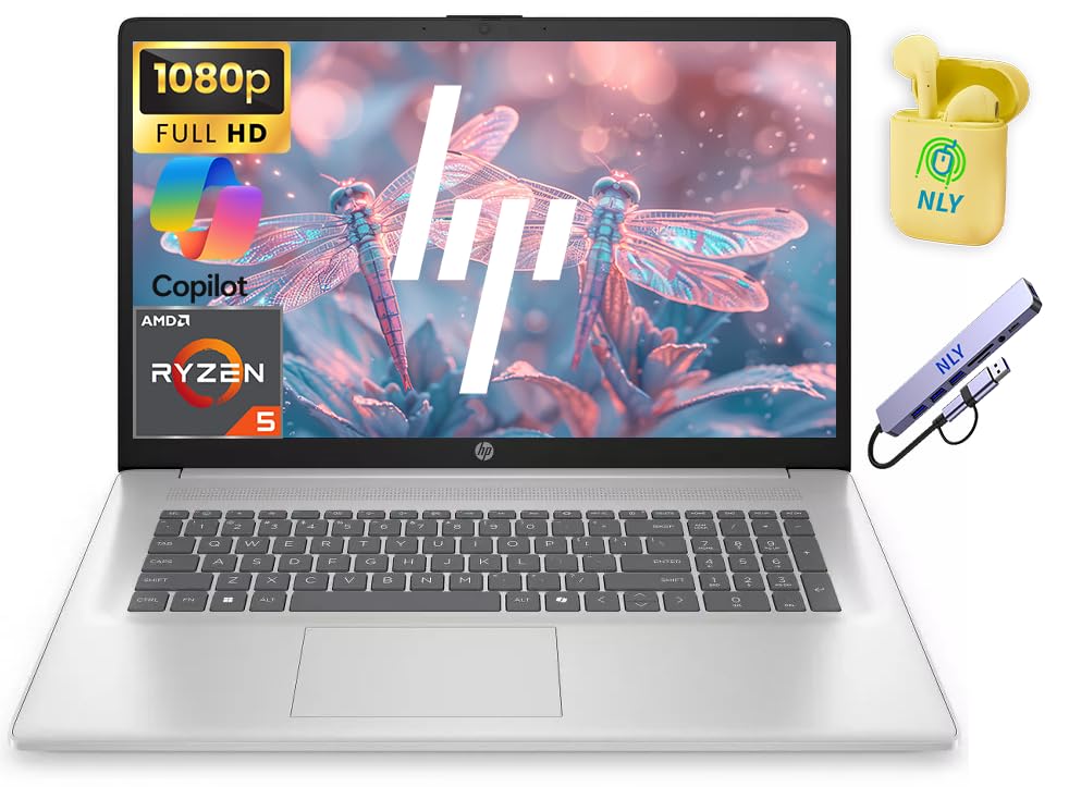 HP 17.3" FHD Business Laptop Computer, Windows 11 Laptop 32GB RAM 1.5TB Storage (1TB SSD+512GB Docking Set), 6-Core AMD Ryzen 5 Processor, AI Copilot, Numeric Keypad, NLY Earphones, Natural Silver
