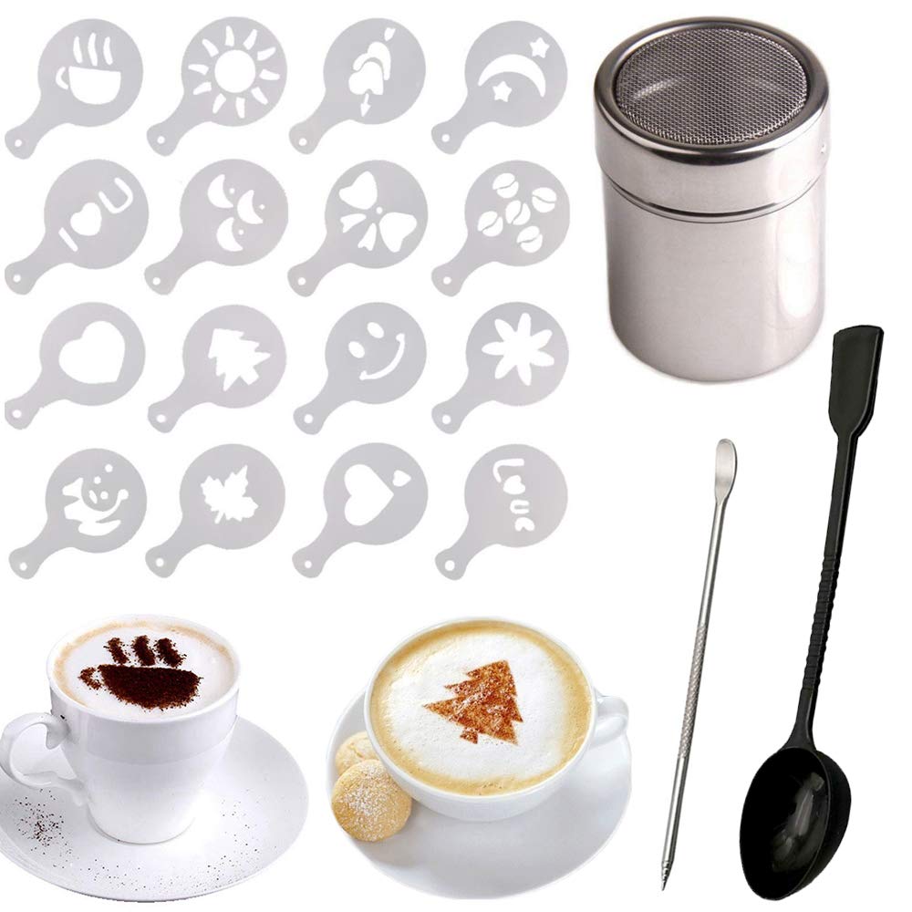 16PCS Coffee Stencils Stainless Steel Chocolate Shaker Duster for Cappuccino with Measuring Spoon, Latte Art Stencil Pen Coffee Stencils Barista Accessories for Hot Chocolate Cocoa Cake Decoration