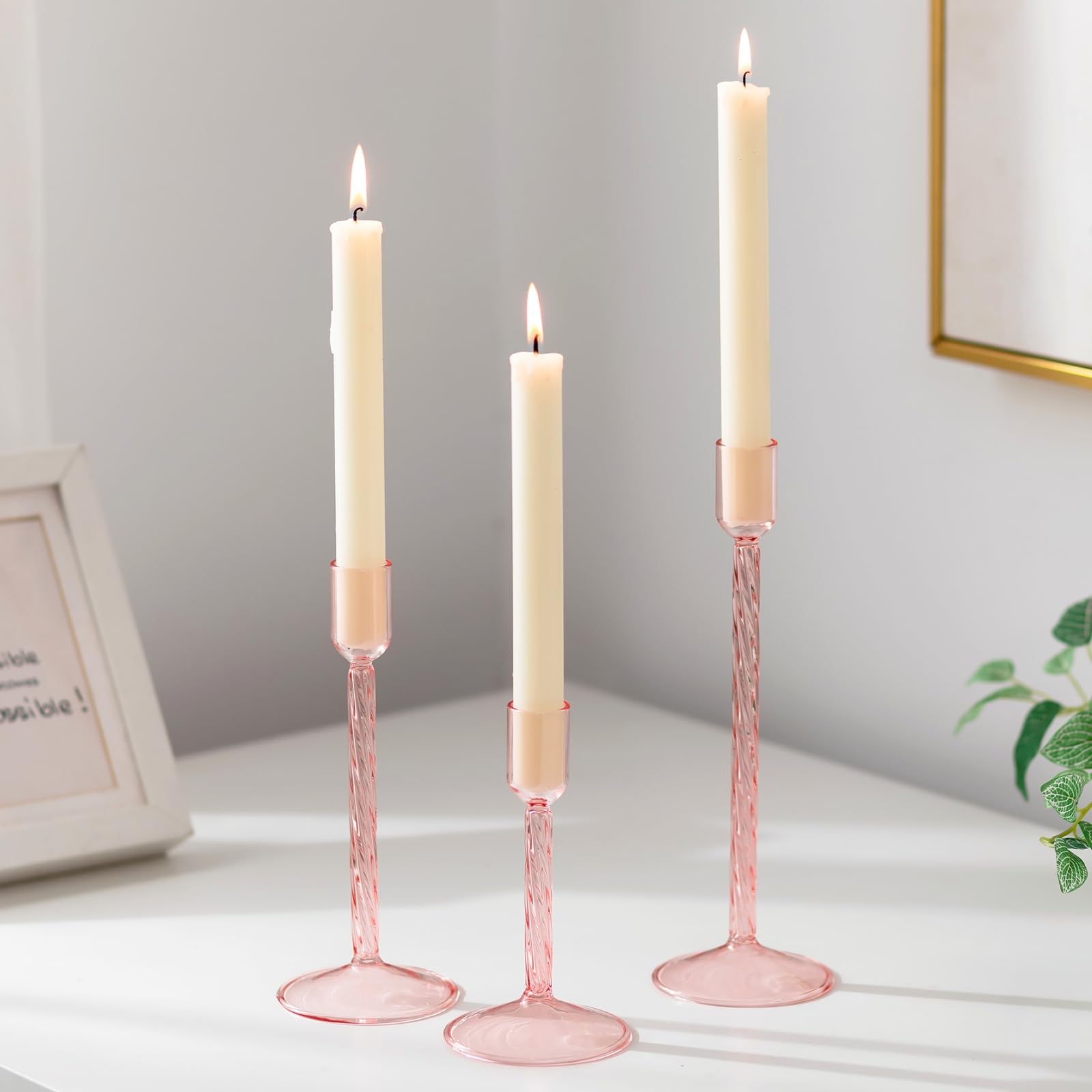 Glasseam Pink Glass Candle Sticks Holder: Tall Taper Candle Holder Set of 3 Decorative Candlesticks Modern Candle Holders for Living Room Candlestick Holders for Home Decor Tables Decoration