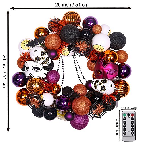Valery Madelyn 20” Pre-Lit Traditional Halloween Wreath with Spooky Shatterproof Ornaments Including Skulls,Spiders,Eye Balls,Bats and Masks,Rattan Base with 20 LED Lights,Remote and Timer Included
