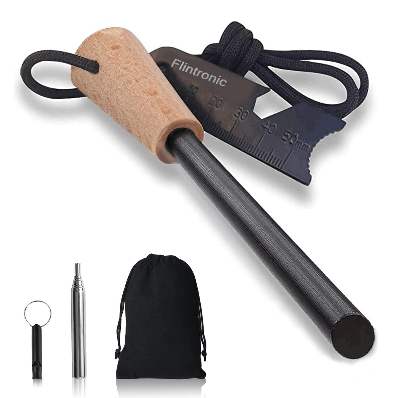 Survival Fire Steel, Flint Striker Steel Fire Starter Kit, Magnesium Ferrocium Rod Firesteel with Scale Scraper & Whistle, Outdoor Emergency Survival Tool for Travelling Camping Hiking