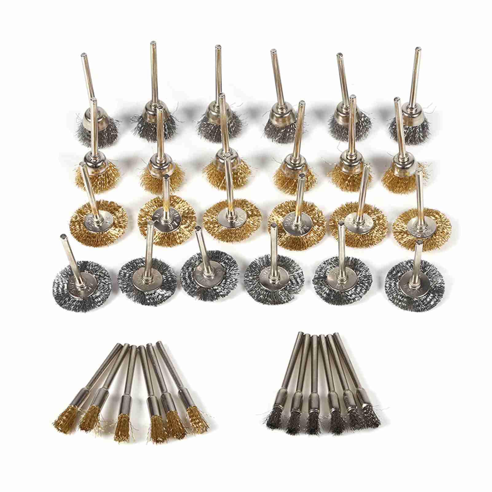 Wire Brush Set For Drill (Pack of 36) Brass-Coated Steel Bristles Pen Cup Wheel Shaped Polishing Cleaning Rotary Tools Full Kit