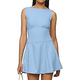 Misng Women's Sexy Boat Neck Mini Dresses Sleeveless Ruffle Hem Party Short Dress
