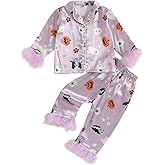 Kavousa Toddler Girl Valentines Satin Pajamas Heart&Bow Print Button Down Shirt + Pants Little Kids Baby Girls Silk Pajama