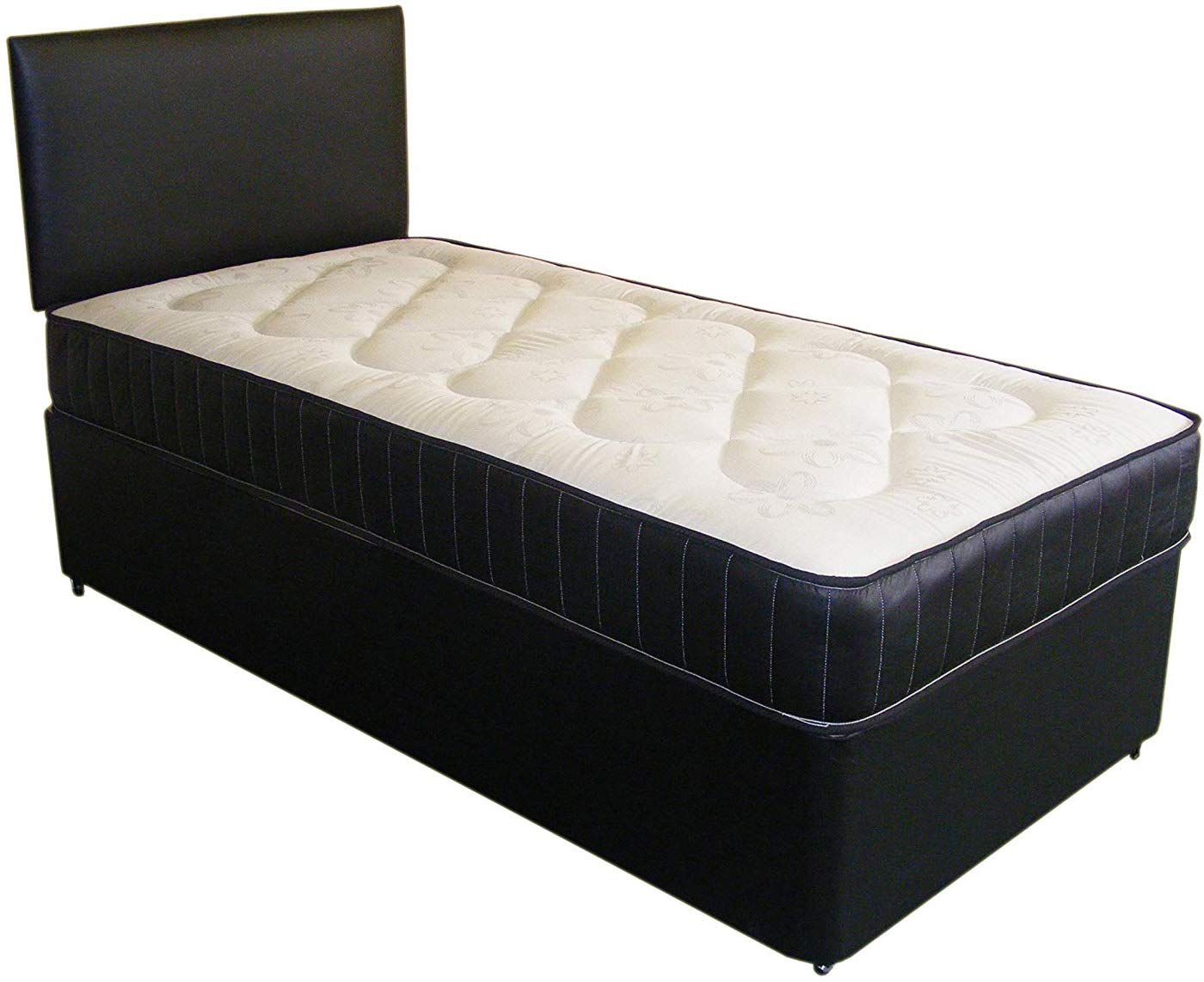Perfect Sleep3FT Single Black faux Leather Divan Bed set Including Deep Quilted Mattress And Matching Headboard 3ft standard single set