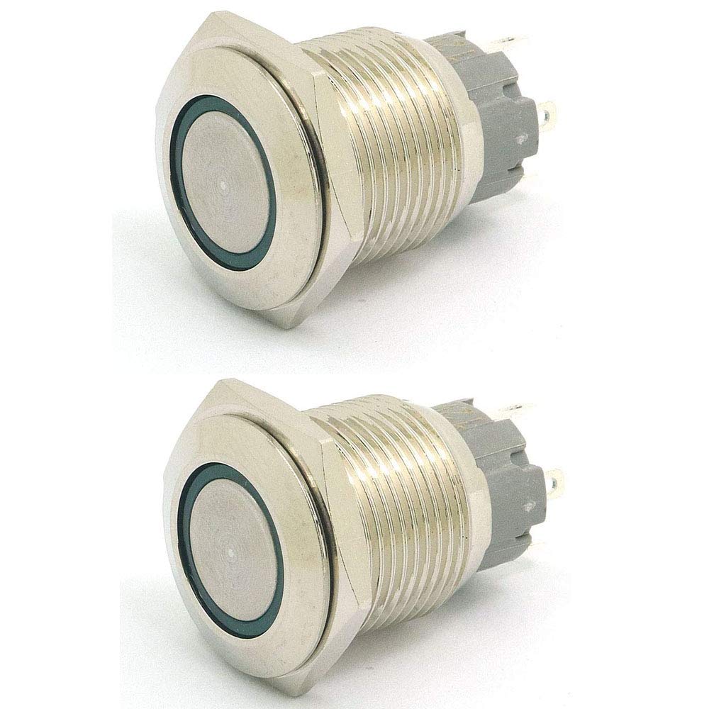 DollaTek 2Pcs 16mm 10A Momentary Switch Push Button Switch 12V DC Angel Eye LED Waterproof Stainless Steel Round Llight Switch - Green