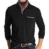 Mens Fashion Polo Shirts Cotton Classic Long Sleeve Thermal Button Shirt with Pocket