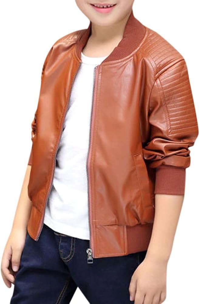 Amazon Com Daimidy Kids Trendy Pu Faux Leather Collar Zipper Bomber Jacket Coat Outwear For Little Boys And Big Boys Brown Age 1t 2t 1 2 Years Label 90 Clothing
