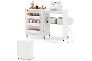Giantex Folding Sewing Table with Charging Station, Rolling Craft Table with Storage Trays & Shelf, Foldable Sewing Machine Cabinet Desk with Lockable Wheels for Small Spaces (White)