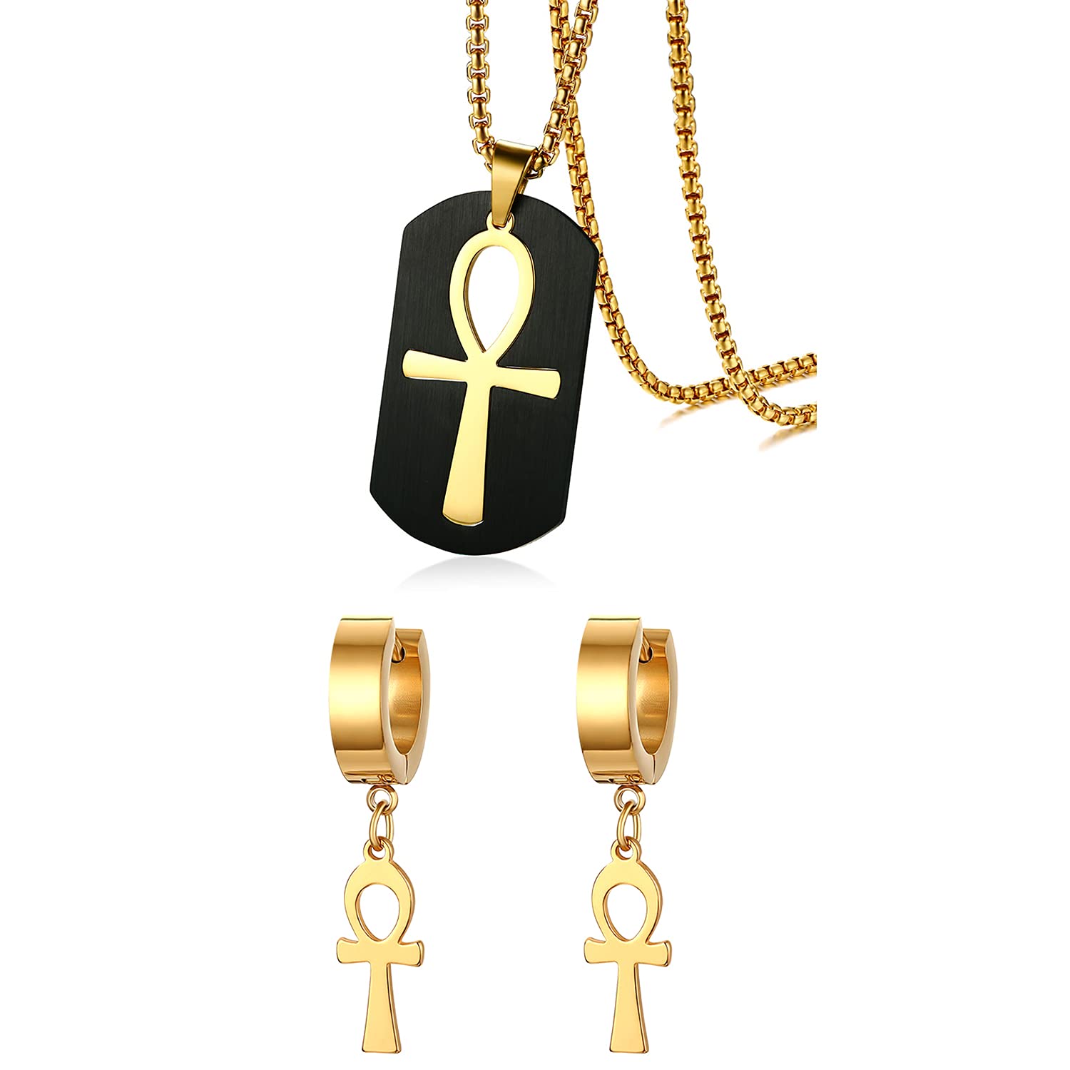 Cupimatch Egyptian Ankh Cross Dog Tag Pendant Necklace Earrings Set, Religiou Gold Stainless Steel Coptic Cross Dangle Huggie Hinged Hoop Earrings