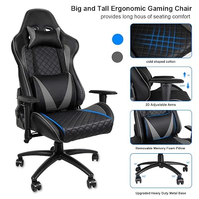 ROKOO Gaming Chair Ergonomic Racing Office Computer Game Chair Ergonomic Backrest and Seat Height Adjustment Chair Grey