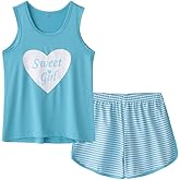 MyFav Big Kids Girls Sleeveless Sleepwears Hearts Shape Striped Pajama Nightgown