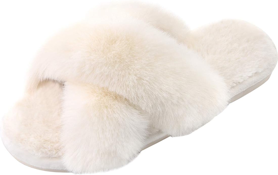 Women's Cross Band Slippers Soft Plush Furry Cozy Open Toe House Shoes