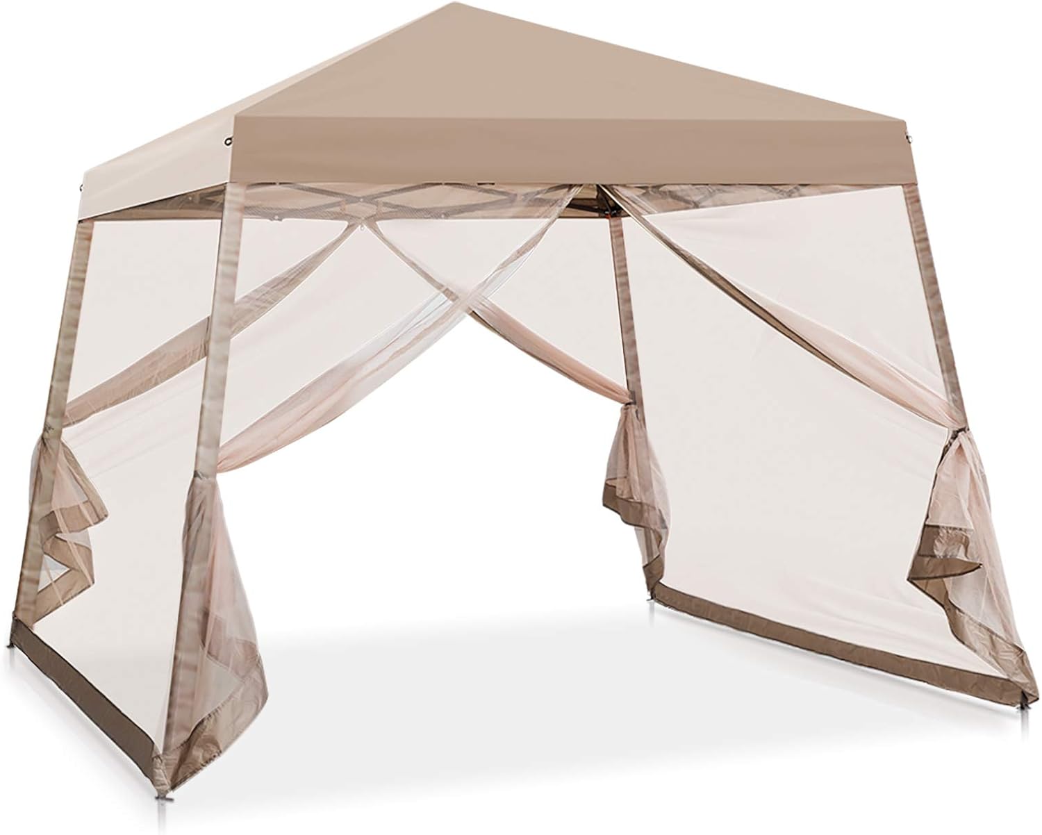 COOL Spot 10' x 10' Slant Leg Pop Up Canopy Tent w/Mosquito Netting (64 Square Feet of Shade) One Person Set-up Outdoor Instant Folding Shelter (Beige)