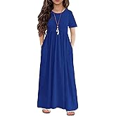 Arshiner Girls Maxi Dress Long/Short Sleeve Casual Holiday Dress with Pockets for 5-13 Years