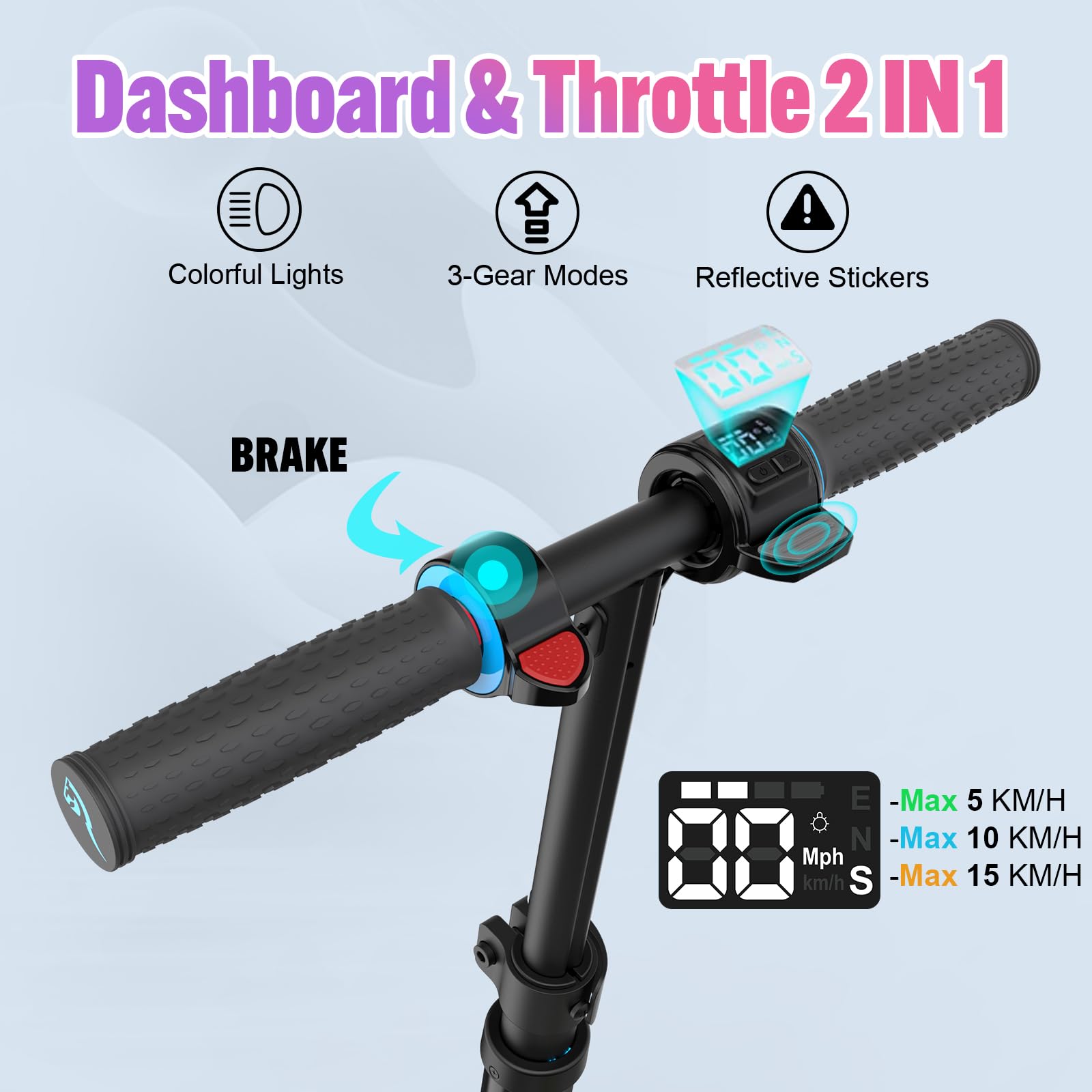 EVERCROSS EV06C Elektroscooter, 6,5'' Faltbarer E Scooter für Kinder 6-12 Jahren, 150 W Motor & 3 Gänge & 2600 mAh & 76-96cm Höhe, LED Display, Bunte Leuchten, Leichter Elektroroller Kinder Blau 3