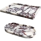 Real Luxurious Natural Marble Vanity Tray Genuine Marble Storage Tray for Home Decor Stone Tray for Bathroom/Kitchen/Vanity/Dresser Non-Resin/Non-Ceramic/Viola Oval Set