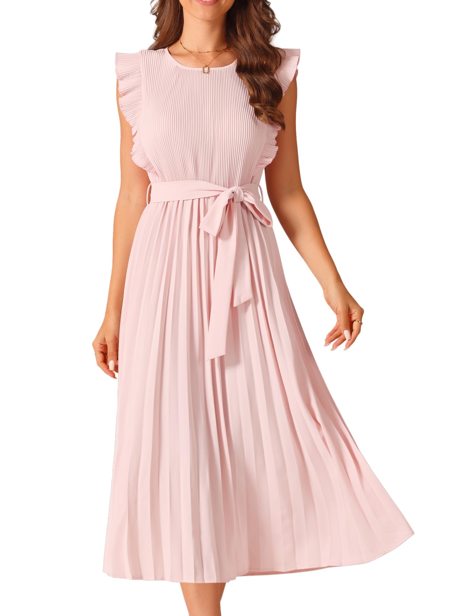 Photo 1 of Seta T Women's Pleated Dress Summer Casual Ruffle Flutter Sleeve Crewneck Tie Waist Flowy Midi Dresses Small Pink