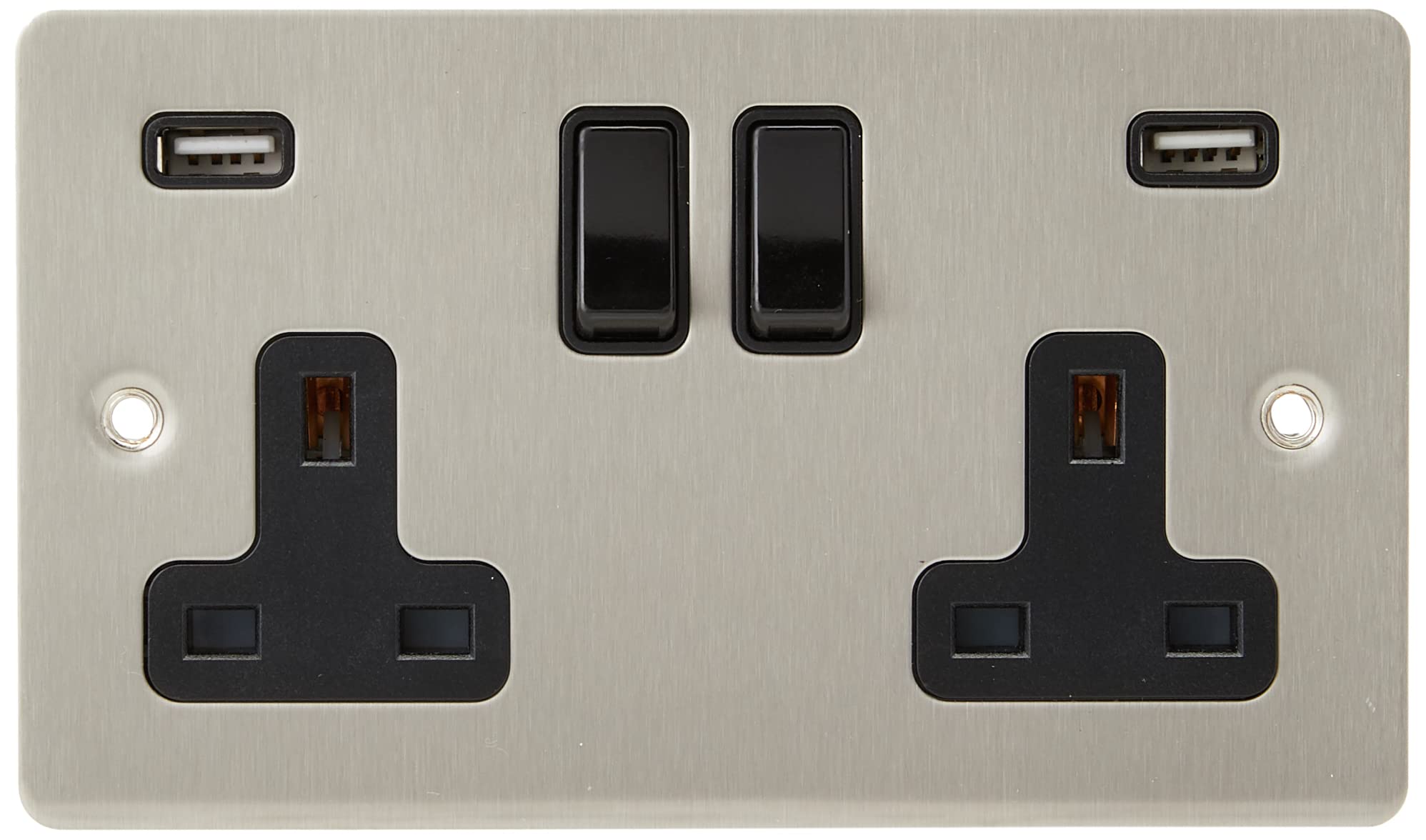 AET USBFSC2GSOCBL 13 A 2-Gang Satin Chrome Flat Double Plug Socket Dual USB Power Outlet W/USB Charging Ports with Black Insert Plastic Rocker Switches