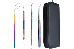 AAProTools 4 Pcs Multi Rainbow Basic Economy Professional Dental Hygiene Plaque Remover Set, Dental Scaler Explorer Excavator Mouth Mirror Tweezer Plier w/Case Instruments Home College Use for Adults