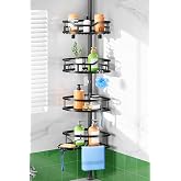 HAMITOR Shower Caddy Tension Pole: Rustproof Quick Install Standing Corner Bathroom Organizer Shelf on Floor for Renters - 4-Tier Large Capacity Storage Rack with Soap Holder for Apartment -Black