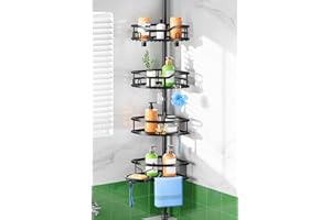 HAMITOR Shower Caddy Tension Pole: Rustproof Quick Install Corner Bathroom Organizer Shelf on Floor for Renters - 4-Tier Large Capacity Storage Rack with Soap Holder for Apartment -47-121 Inch/Black