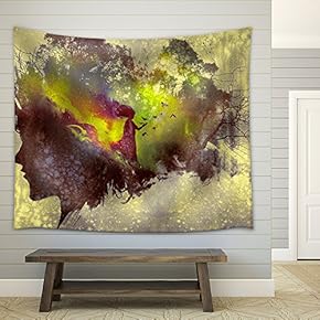 Painting of Double Exposure Concept with Lady Portrait Silhouette and Woman in Forest - Fabric Wall Tapestry Home Decor - 51x60 inches