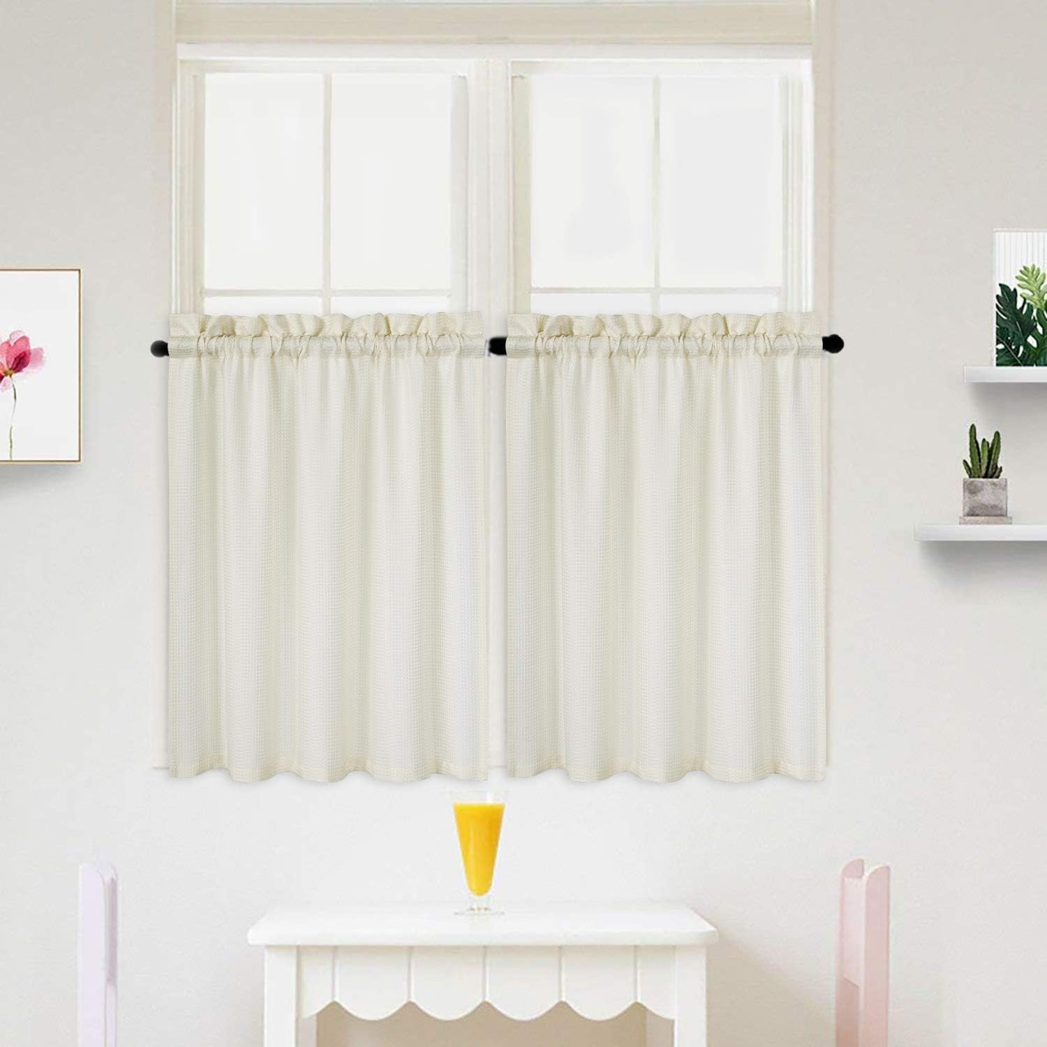 IDEALHOUSE Ivory Tier Curtains,Waffle Woven Textured Short Window Curtain for Cafe,Bathroom,Kitchen & Kids Bedroom Rod Pocket Curtains (2 Panels, 30Inch Wide by 24Inch Long)