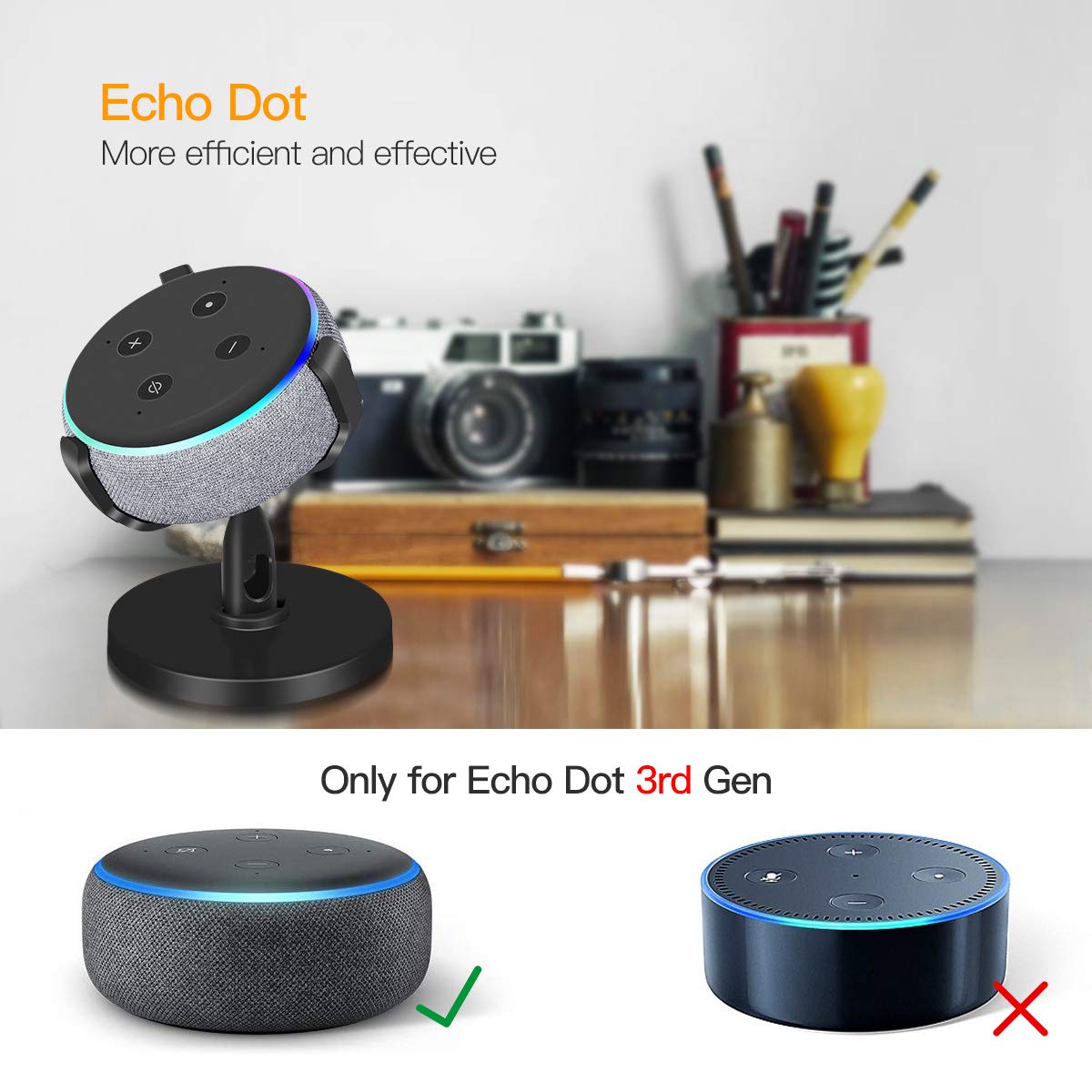 iKammo Table Stand Holder for Dot 3rd Gen - 360°Rotatable Rubber Pedestal Stand Bracket Mount, Dot 3rd Gen Accessories for Smart Home, Enhanced Sound Surround(Black)