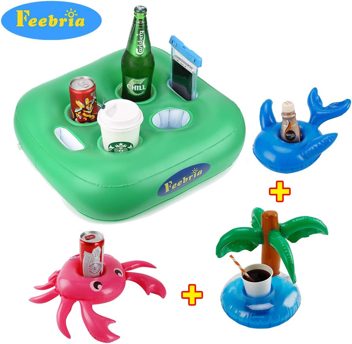 FEEBRIA Inflatable Floating Drink Holder with 6 Holes Large Capacity & Green Material,Drink Float for Pool Party Beach(4 Pack)