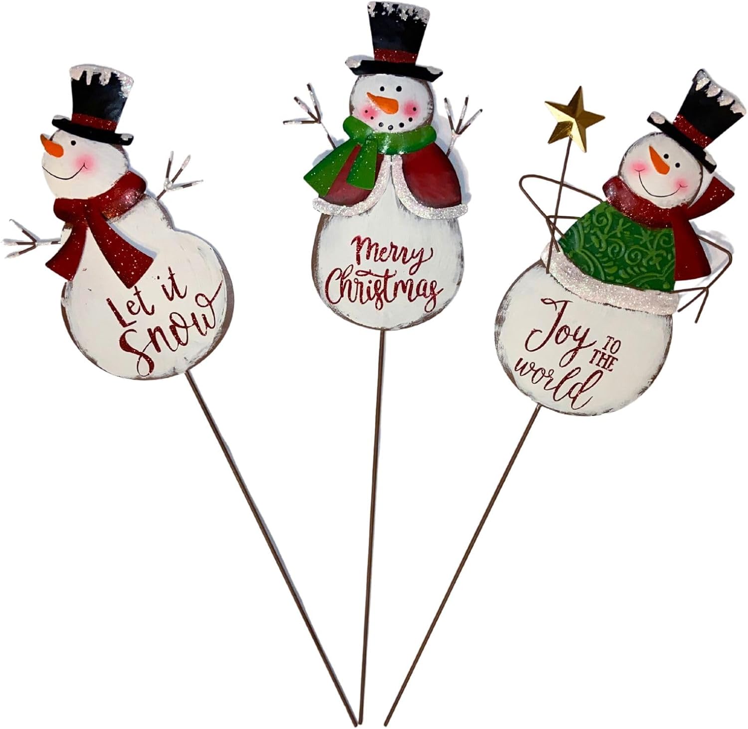 Decorative Garden Stakes - Clovers Garden Christmas Snowman (Set of 3) Metal Yard Stakes – 26” Rustic Cottage Festive Holiday Lawn Décor for Yards, Gardens or Outdoor Planters