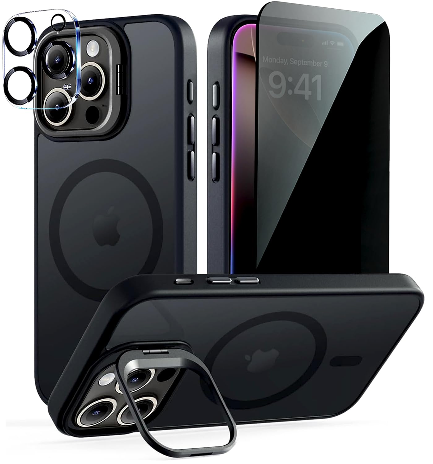 TXXO Magnetic for iPhone 16 Pro Case Stand with Privacy Screen & Camera Lens Protector Fits MagSafe 10FT Drop Translucent Matte Slim Shockproof Phone Case for iPhone 16 Pro Bumper 6.1" - Black
