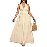 Floerns Women's Elegant Deep V Neck Halter Dress Sleeveless Backless Flowy Maxi Dresses