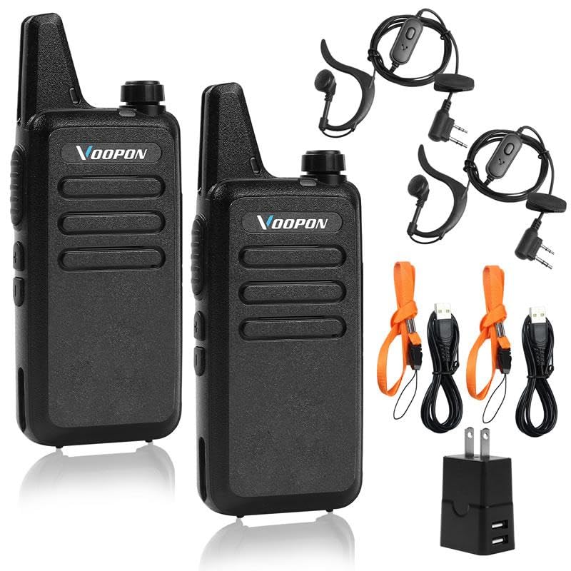 Photo 1 of Voopon Rechargeable Walkie Talkies for Adults 22 FRS Channels Two-Way Radios with Earpieces Long Range VOX Mini Transceivers for Business Company USB Charger for Camping Hiking Church Shop (2 Pack)