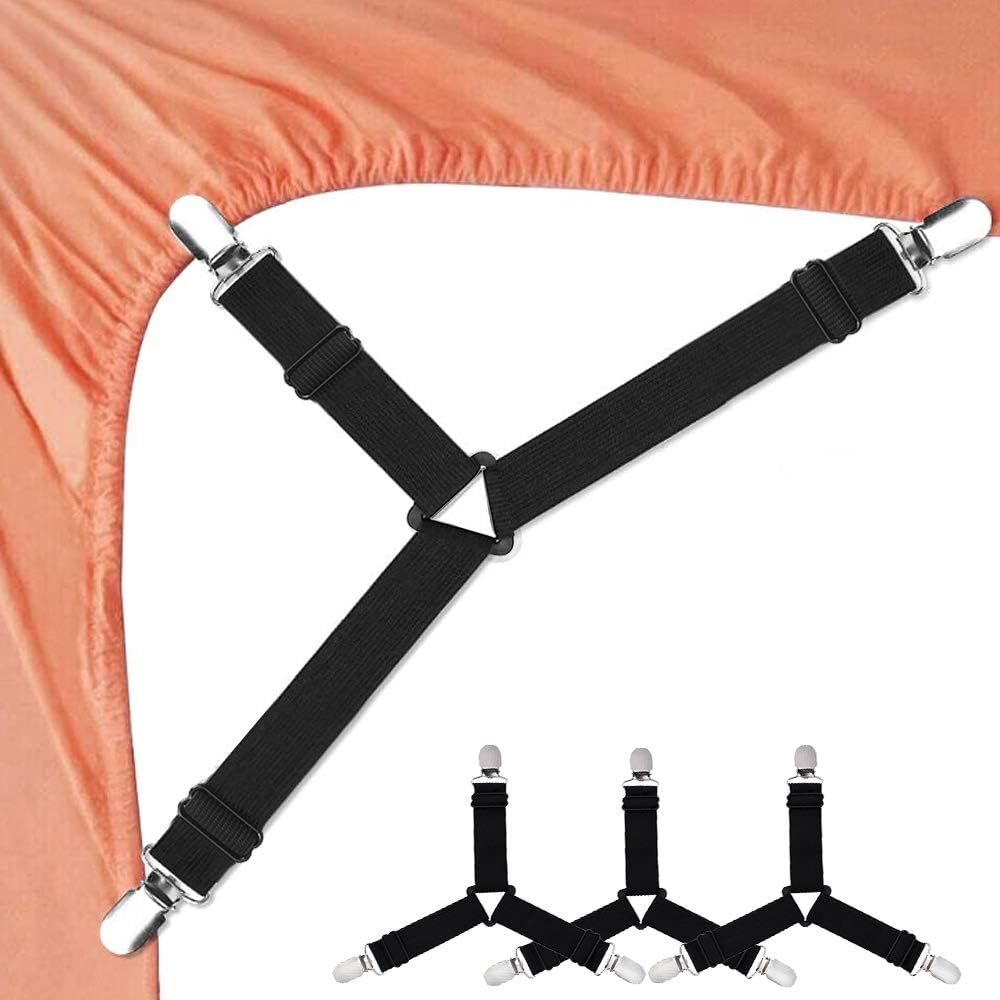 JINGMAX Bed Sheet Holder Clips,4pcs Adjustable Bed Sheet Straps, Triangle Elastic Mattress Sheet Clips with Durable Grippers Clips Keeping Sheet in Place (4PCS Black): Home & Kitchen