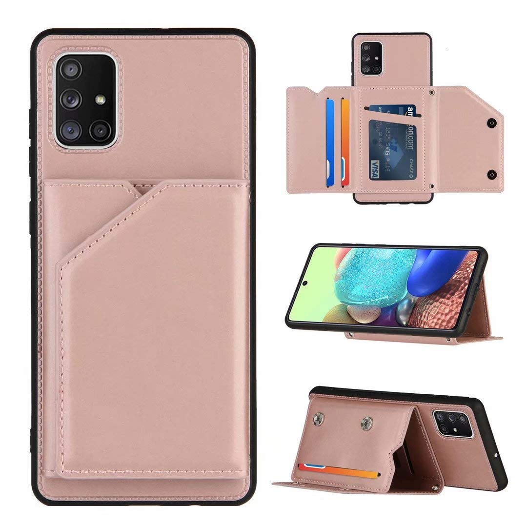 WJMWF Compatible with Samsung Galaxy A51 Case [Screen Protector] PU Leather Wallet Case [Two Magnetic Clasp] [Card Slots] [Stand Function] Durable Shockproof Protective Cover-Rose Gold
