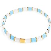 Agriajun Tila Flat Beaded Stretch Bracelets for Women, Trendy Unique Handmade Stackable Green Blue Square Beads Miyuk Link Bracelet Summer Jewelry Gift