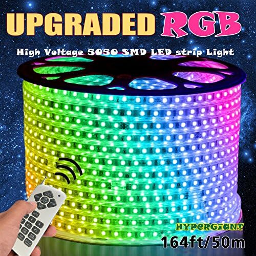 Hypergiant AC 110-120V Flexible RGB LED Strip Lights, 60 LEDs/M, Waterproof, Multi Color Changing 5050 SMD LED Rope Light + Remote Controller for Party Christmas Decoration (164ft/50m)