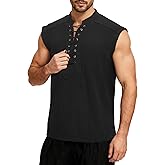 Cotton Mens Renaissance Shirt Pirate Medieval,Sleeveless Halloween Costume Steampunk Viking Lace-up Stand Collar Shirts