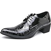 Men's Printing Pointed-Toe Patent Leather Derby Oxford Shoes,Classic Lace-up Low Top Block High Heel Fashion Slip on Prom Business Wedding Dress Shoes